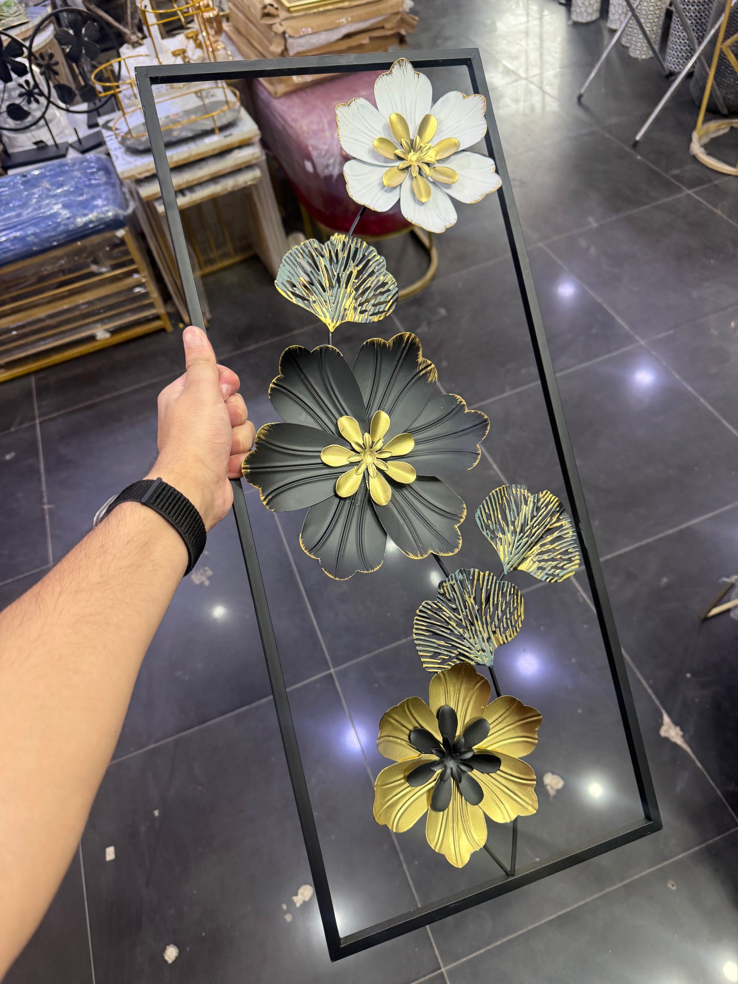 Noir Blossom – Black & Gold Metal Wall Art