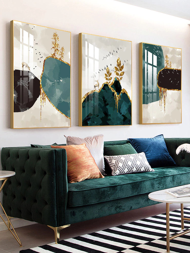 Trio of Green Stones and Golden Animals Paintings