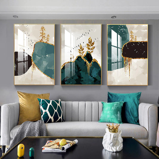 Trio of Green Stones and Golden Animals Paintings