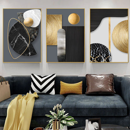 Trio of Abstract Paintings: Black and Gold Shapes