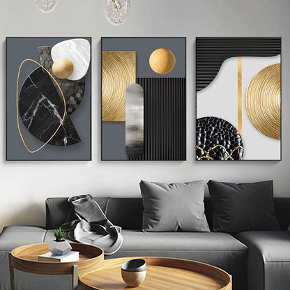 Trio of Abstract Paintings: Black and Gold Shapes