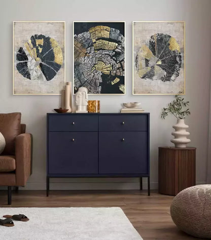 Set of 3 Abstract Tree Trunk Paintings in Blue, Gold, and White