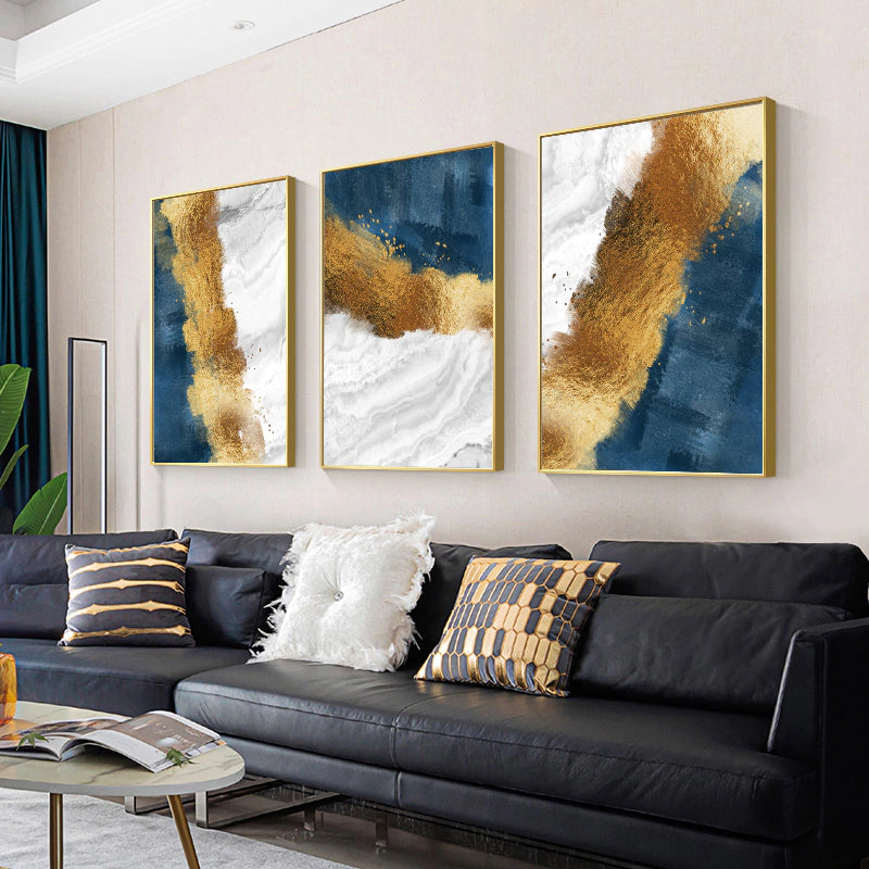 Trio of Abstract Blue, White, and Gold Gradient Paintings