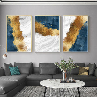 Trio of Abstract Blue, White, and Gold Gradient Paintings