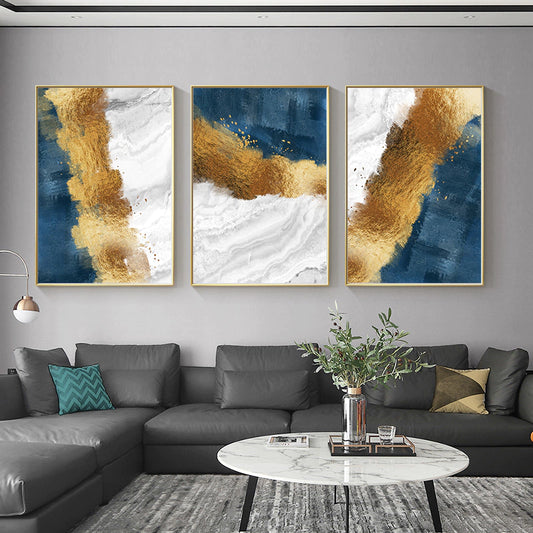 Trio of Abstract Blue, White, and Gold Gradient Paintings