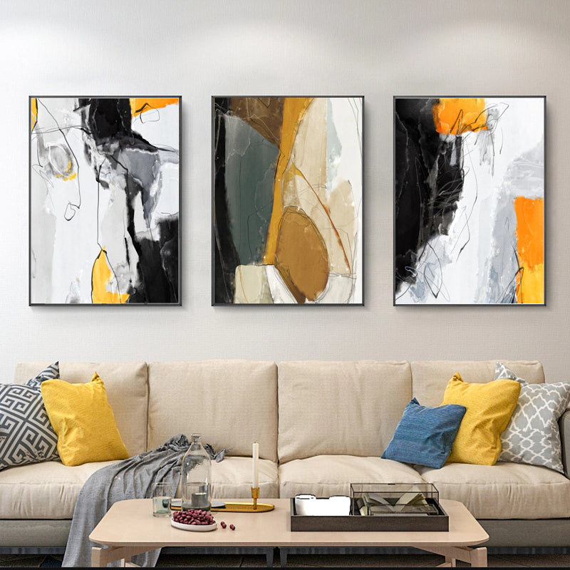 Trio of Abstract Yellow, Black and Brown Paintings