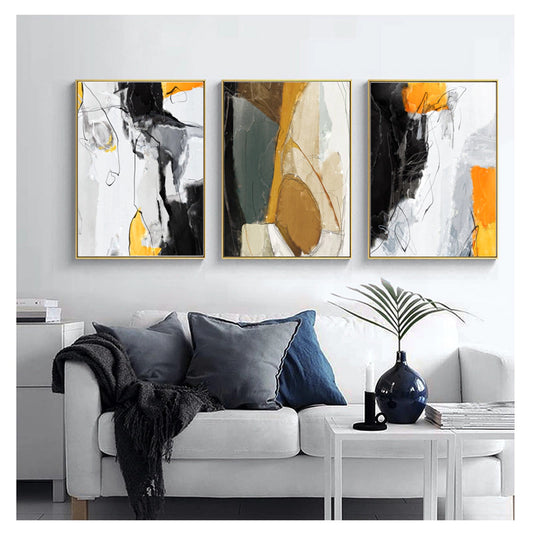 Trio of Abstract Yellow, Black and Brown Paintings