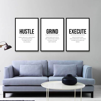 Grind, Hustle & Execute Trio – 3 PANEL SET – QUOTES WALL ART