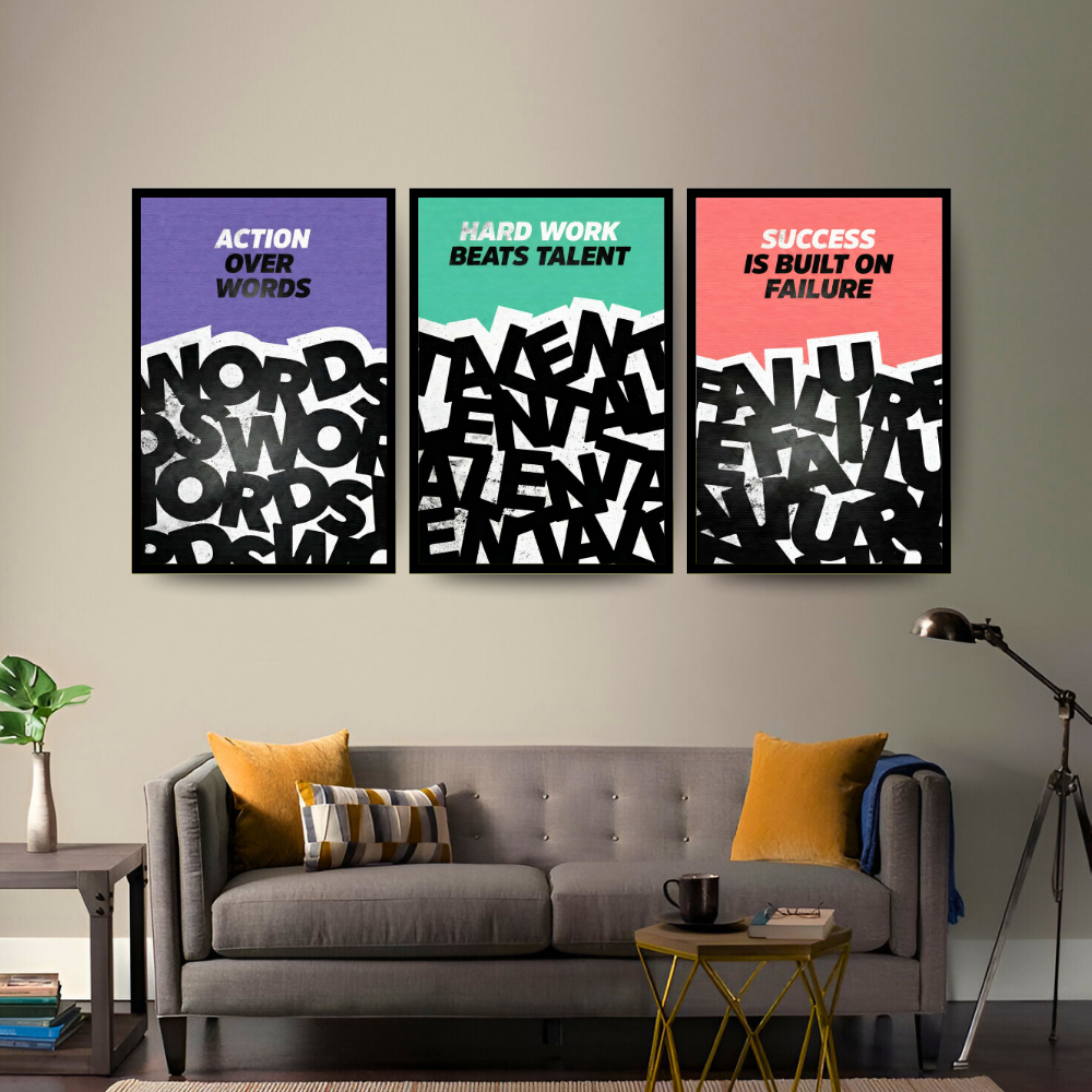 Action to Success Trilogy | SET OF 3 FRAMES – 3 PANEL SET – QUOTES WALL ART