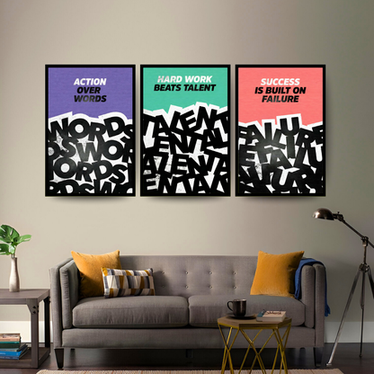 Action to Success Trilogy | SET OF 3 FRAMES – 3 PANEL SET – QUOTES WALL ART