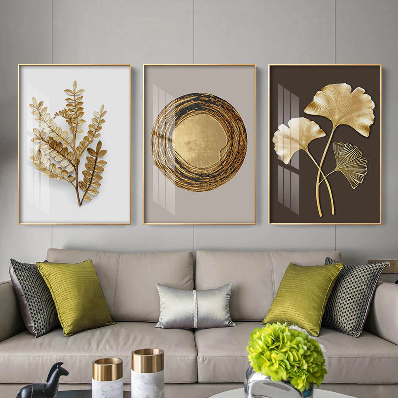Trio of Foliage Paintings in Golden Earthy Tones