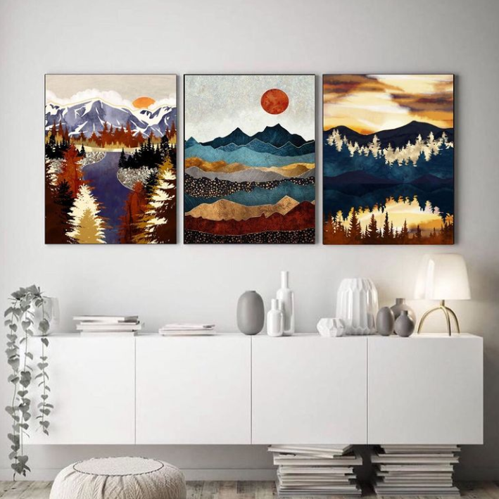 RIVER MOUNTAINS ABSTRACT ART – 3 PANEL SET – ABSTRACT WALL ART