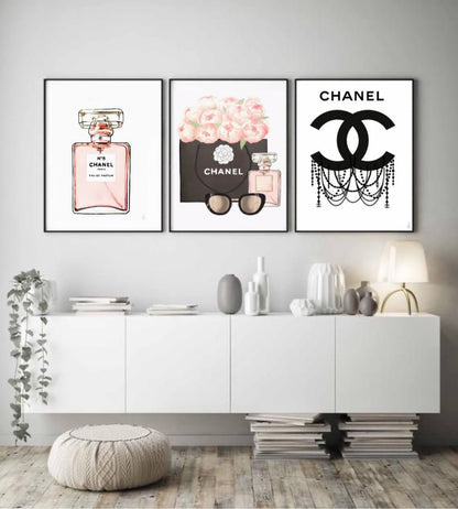 CHANEL PERFUME LOGO – 3 PANEL SET – FASHION WALL ART O