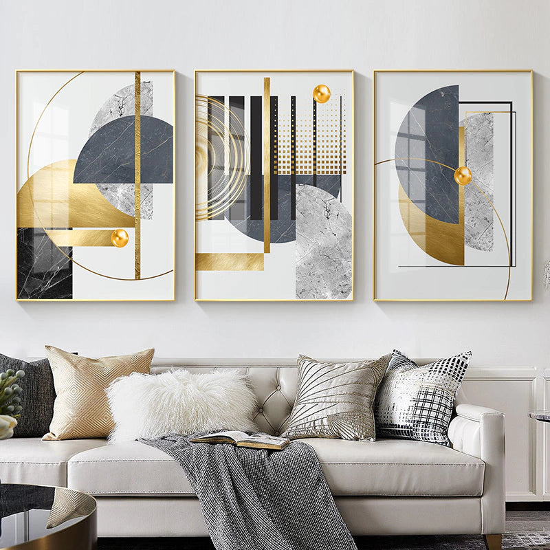 Trio of Abstract Marble Paintings in Neutral and Gold Colors