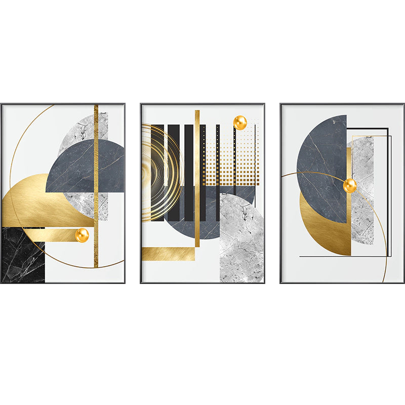 Trio of Abstract Marble Paintings in Neutral and Gold Colors