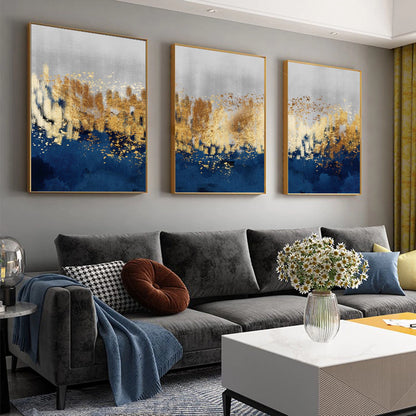 Trio of Abstract Gold and Blue Gradient Paintings