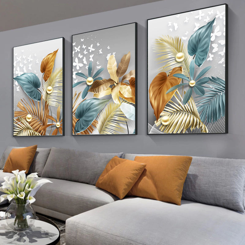 Trio of Foliage Paintings in Golden Earthy Tones