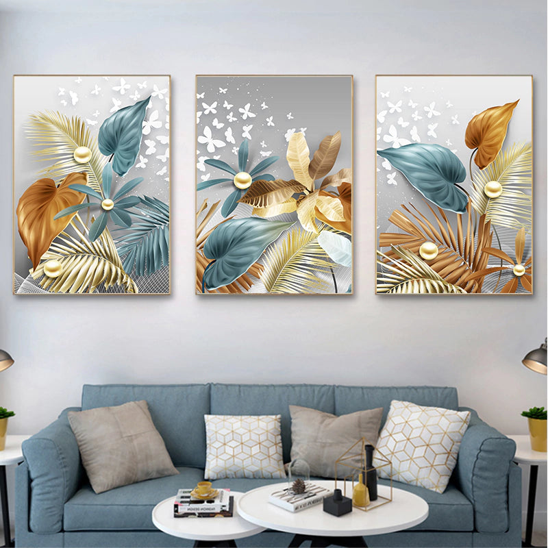 Trio of Foliage Paintings in Golden Earthy Tones