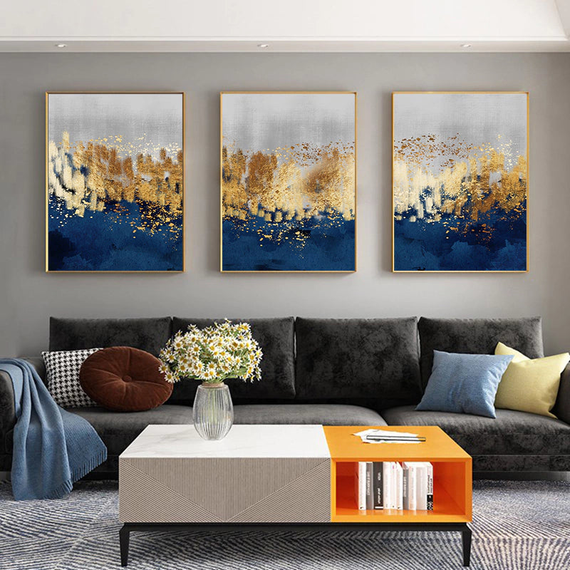 Trio of Abstract Gold and Blue Gradient Paintings