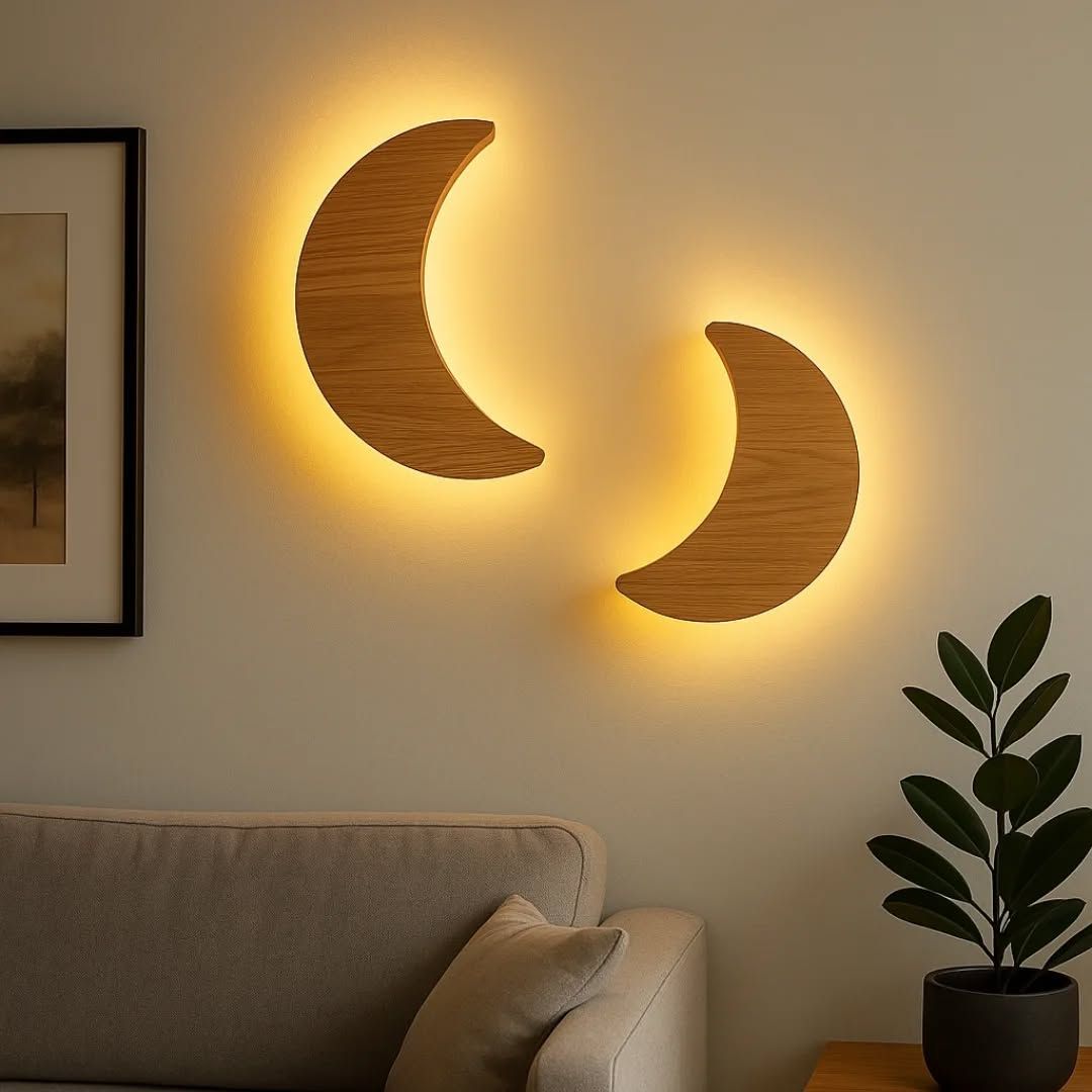Modern Moon Shape Wooden Wall Lamp