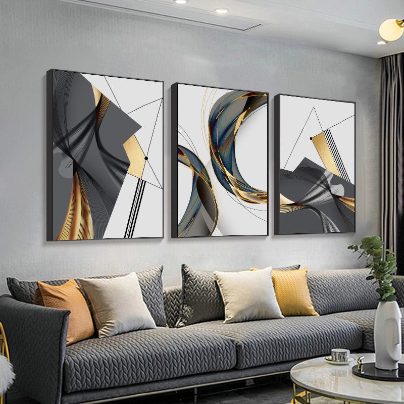 Trio of Abstract Paintings: Black and Gold Shapes