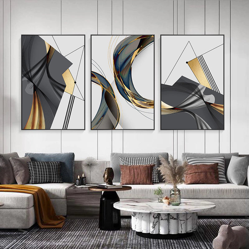 Trio of Abstract Paintings: Black and Gold Shapes