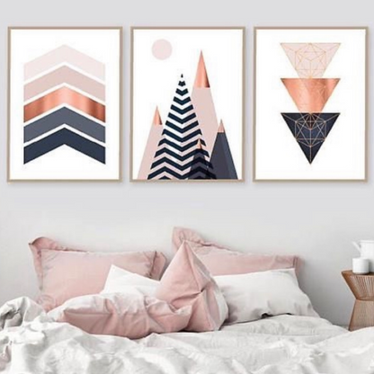 PINK GEOMETRIC ABSTRACT – 3 PANEL SET- GEOMETRICAL WALL ART