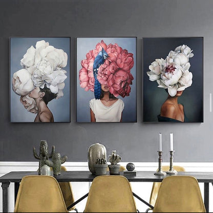 FLOWER HEAD WOMEN – 3 PANEL SET- FLORAL WALL ART