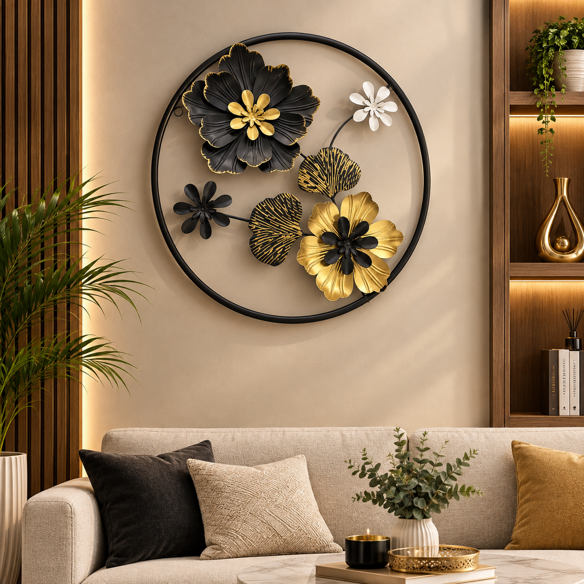 Black & Gold Floral Elegance 3D Metal Wall Art – Round Frame