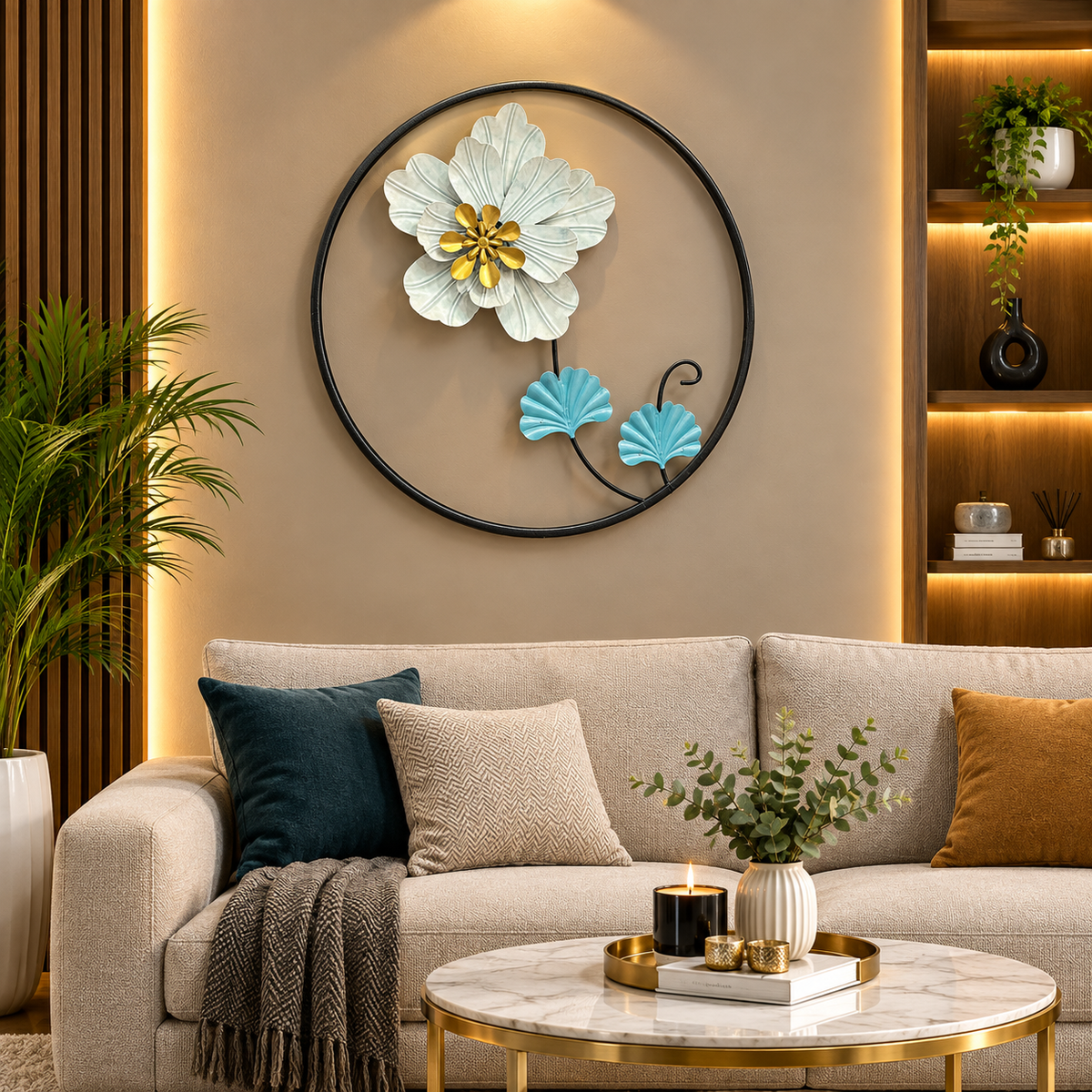 Aqua Bloom Circular Metal Wall Art