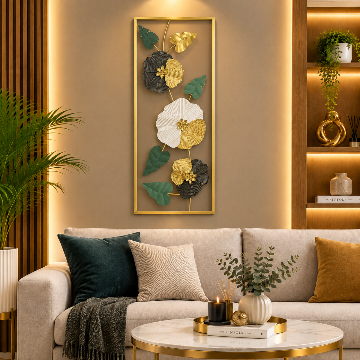 Gilded Botanical Metal Wall Art – Gold, Green, Black & Ivory Floral Décor