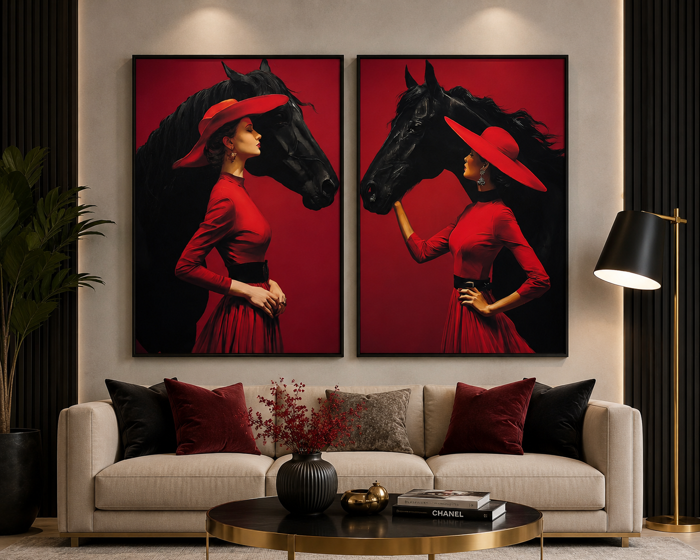 Black Horse & Red Lady Wall Art Set | Premium Luxury Wall Decor