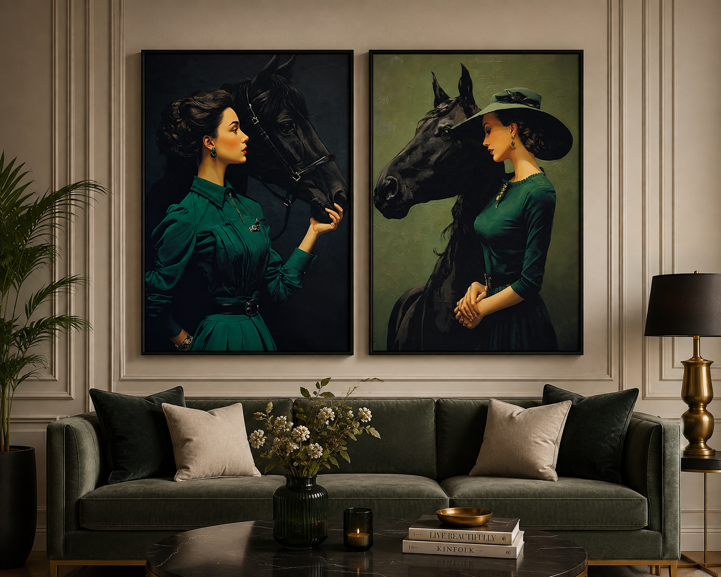 Elegant Lady & Black Horse Wall Art Set | Premium Luxury Wall Decor