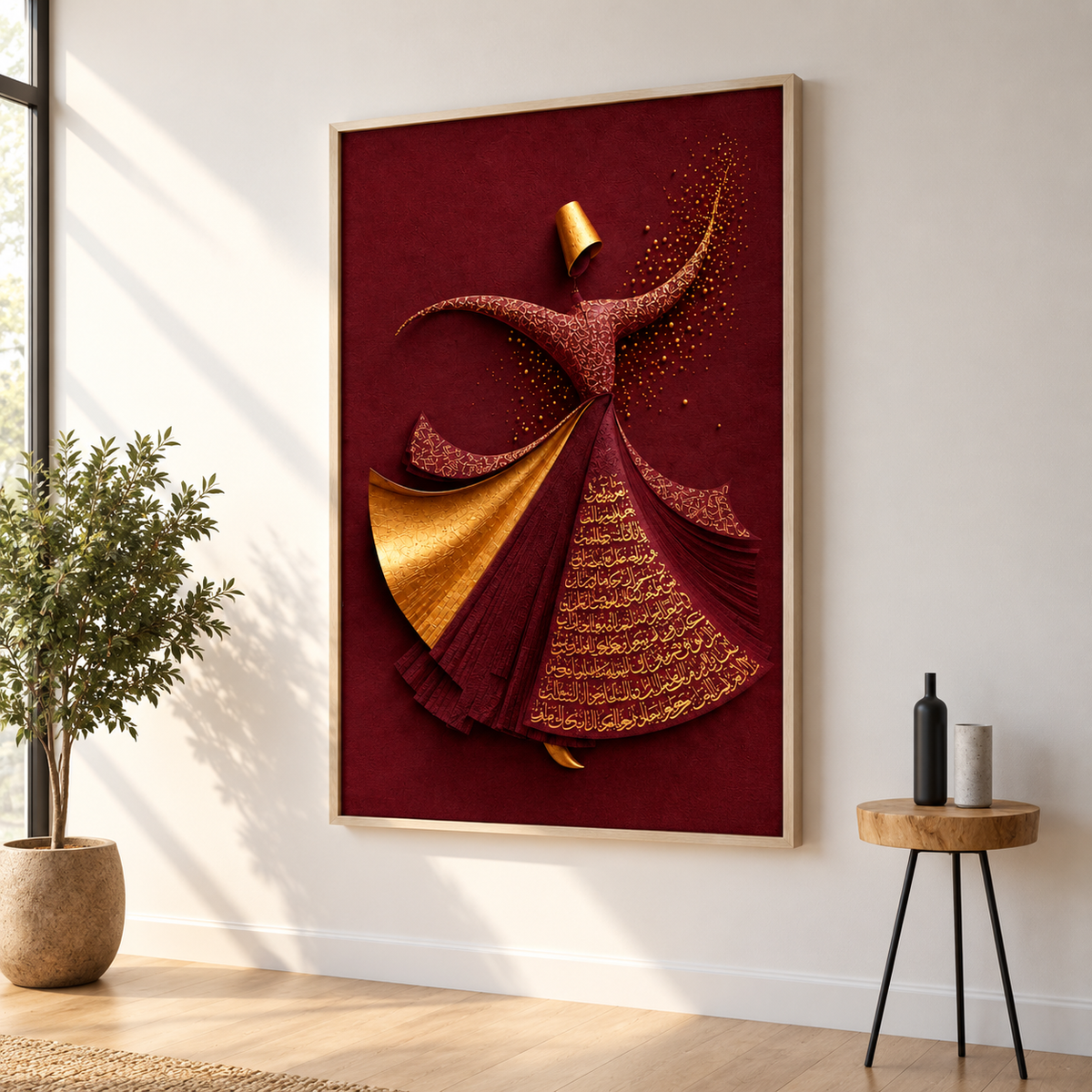 Whirling Dervish Dance Canvas, Arabic Calligraphy Wall Art, Spiritual Sufi Art MAROON EDITION