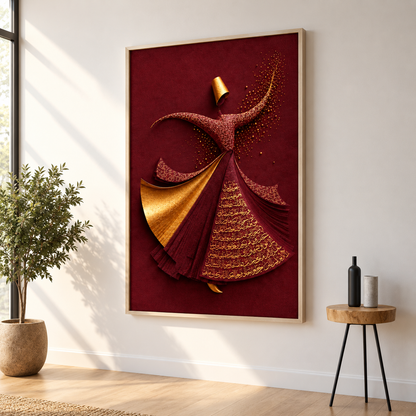 Whirling Dervish Dance Canvas, Arabic Calligraphy Wall Art, Spiritual Sufi Art MAROON EDITION