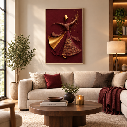 Whirling Dervish Dance Canvas, Arabic Calligraphy Wall Art, Spiritual Sufi Art MAROON EDITION