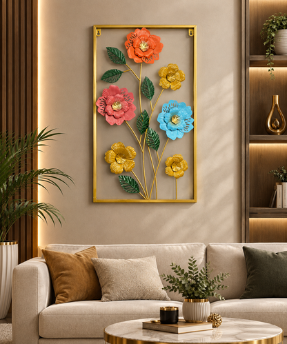 Colorful Bloom 3D Metal Wall Art – Gold Frame