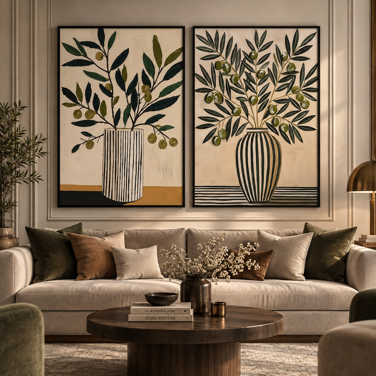 Olive Botanical Harmony – Vase & Olive Branch Wall Art Set