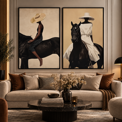 Equestrian Grace – Elegant Women & Black Horse Wall Art Set