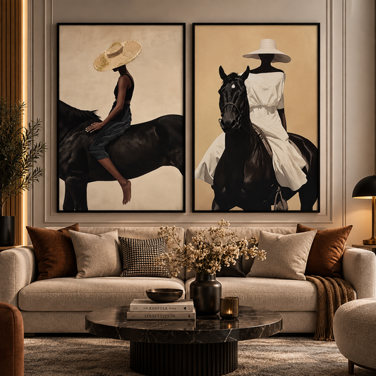 Equestrian Grace – Elegant Women & Black Horse Wall Art Set