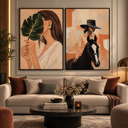 Botanical Equestrian Muse – Woman, Leaf & Horse Wall Art Set