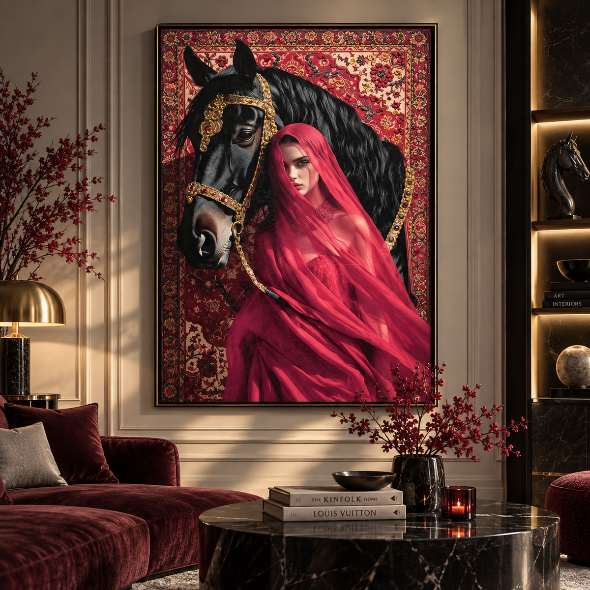 Crimson Equestrian Beauty – Woman & Black Horse Wall Art