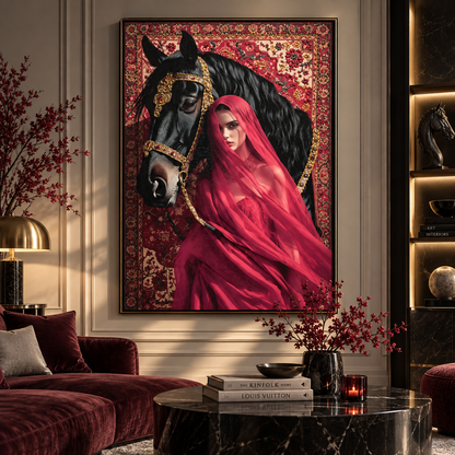 Crimson Equestrian Beauty – Woman & Black Horse Wall Art