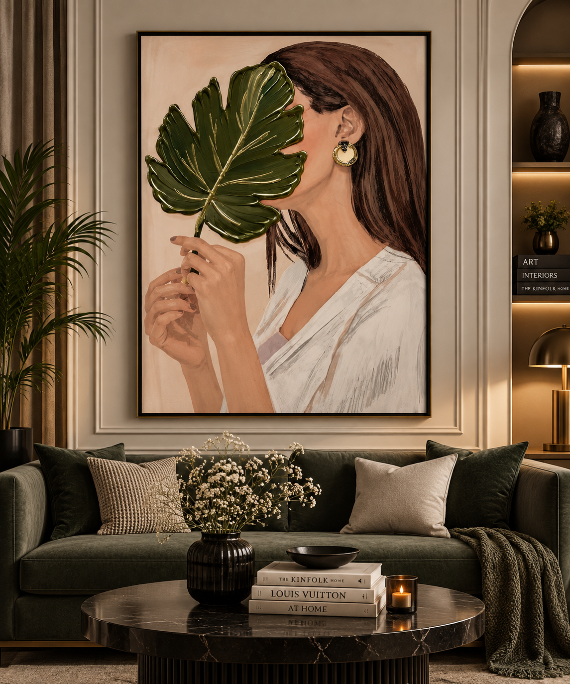 Botanical Veil – Woman with Green Leaf Wall Art