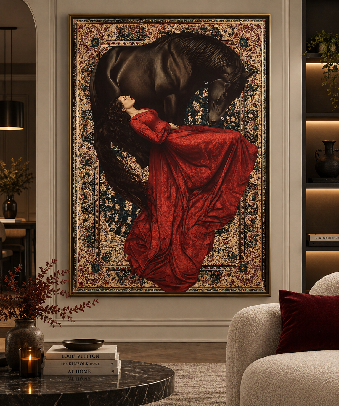 Crimson Equestrian Dream – Woman & Black Horse Wall Art