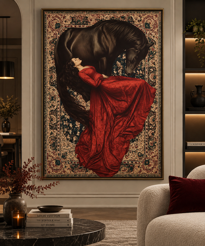 Crimson Equestrian Dream – Woman & Black Horse Wall Art