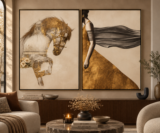 Golden Equestrian Muse – Horse & Fashion Woman Wall Art Set