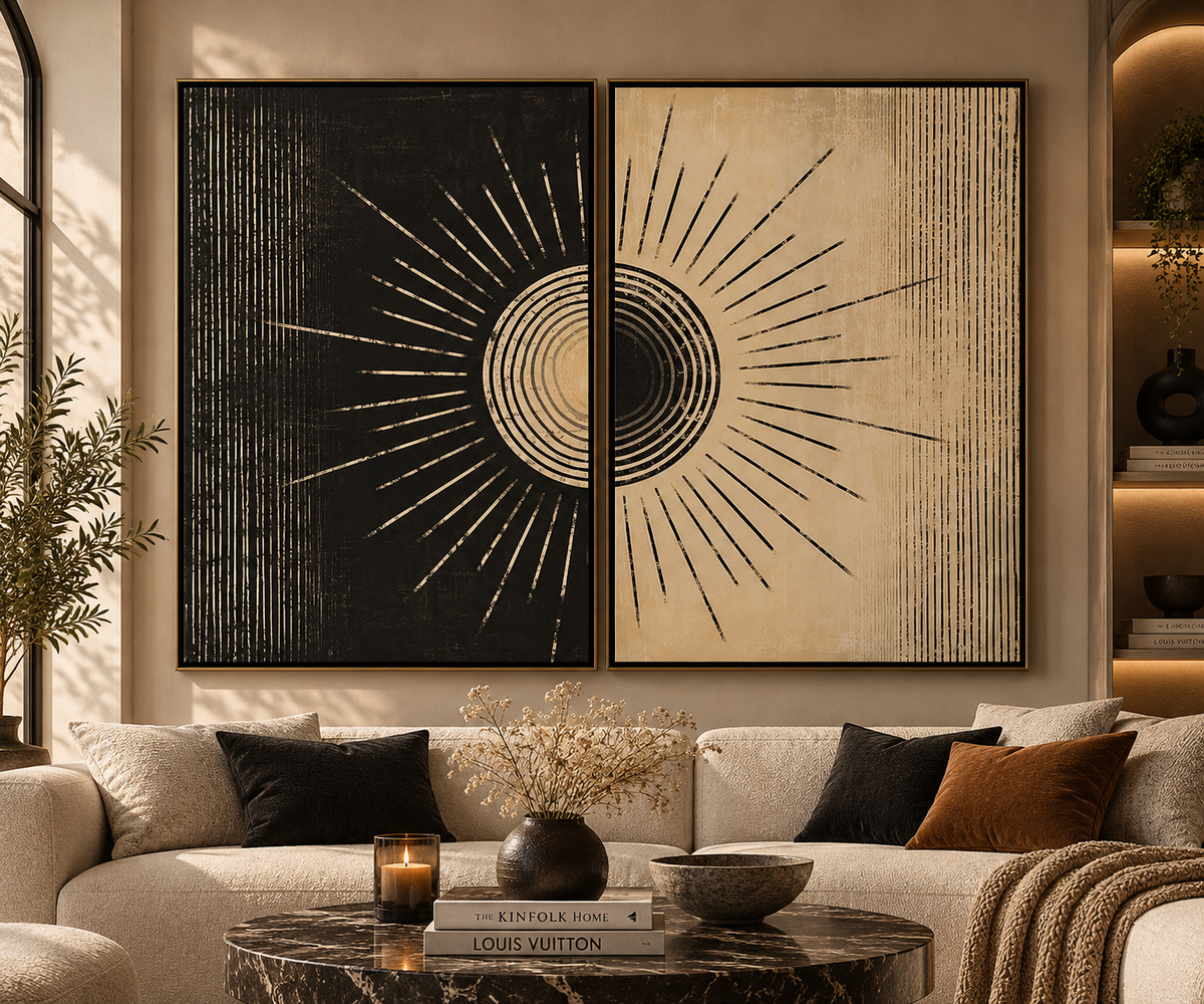 Eclipse Radiance – Black & Beige Sunburst Wall Art Set