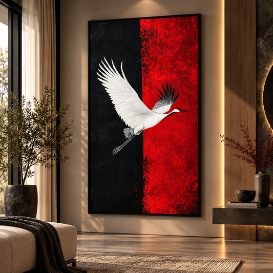 Crimson Flight Crane – Black & Red Modern Wall Art