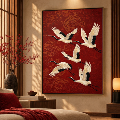 Imperial Red Five Cranes – Luxury Oriental Wall Art